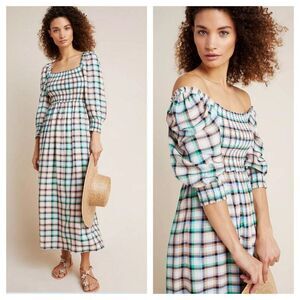 Anthropologie Maeve Cerie Smocked Midi Dress Gingham Plaid Multi Size S